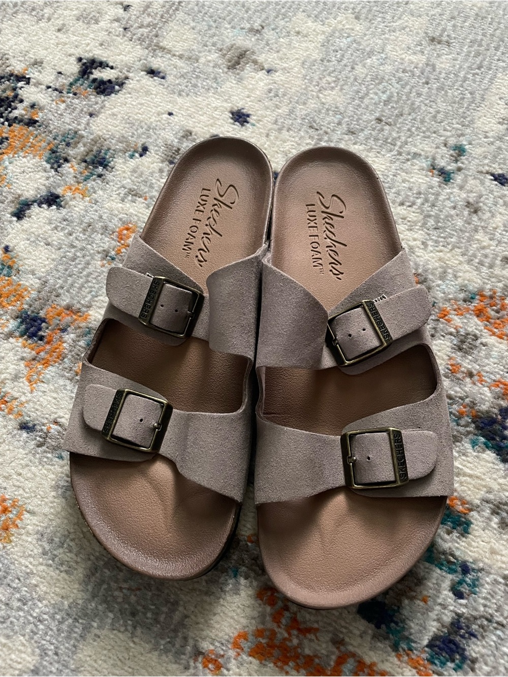 Skechers Luxe Foam Taupe Double-Buckle Slide Sandals. - Picture 2 of 5